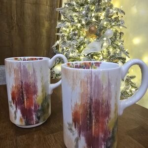 NWT Anthropologie 12 Ounce Ceramic Mug Abstract Floral Modern Lines Set Of 2